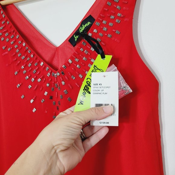 Sam Edelman Mini Shift Dress V-Neckline Beaded Sequine Sleeveless Red New XS - Picture 5 of 10